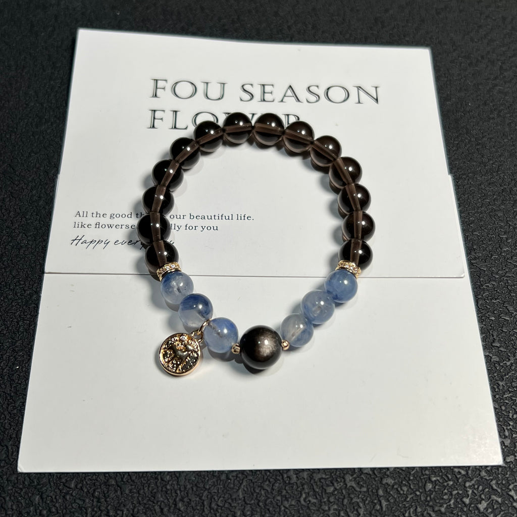 Black Crystal Beaded Bracelet with Gold Charm
