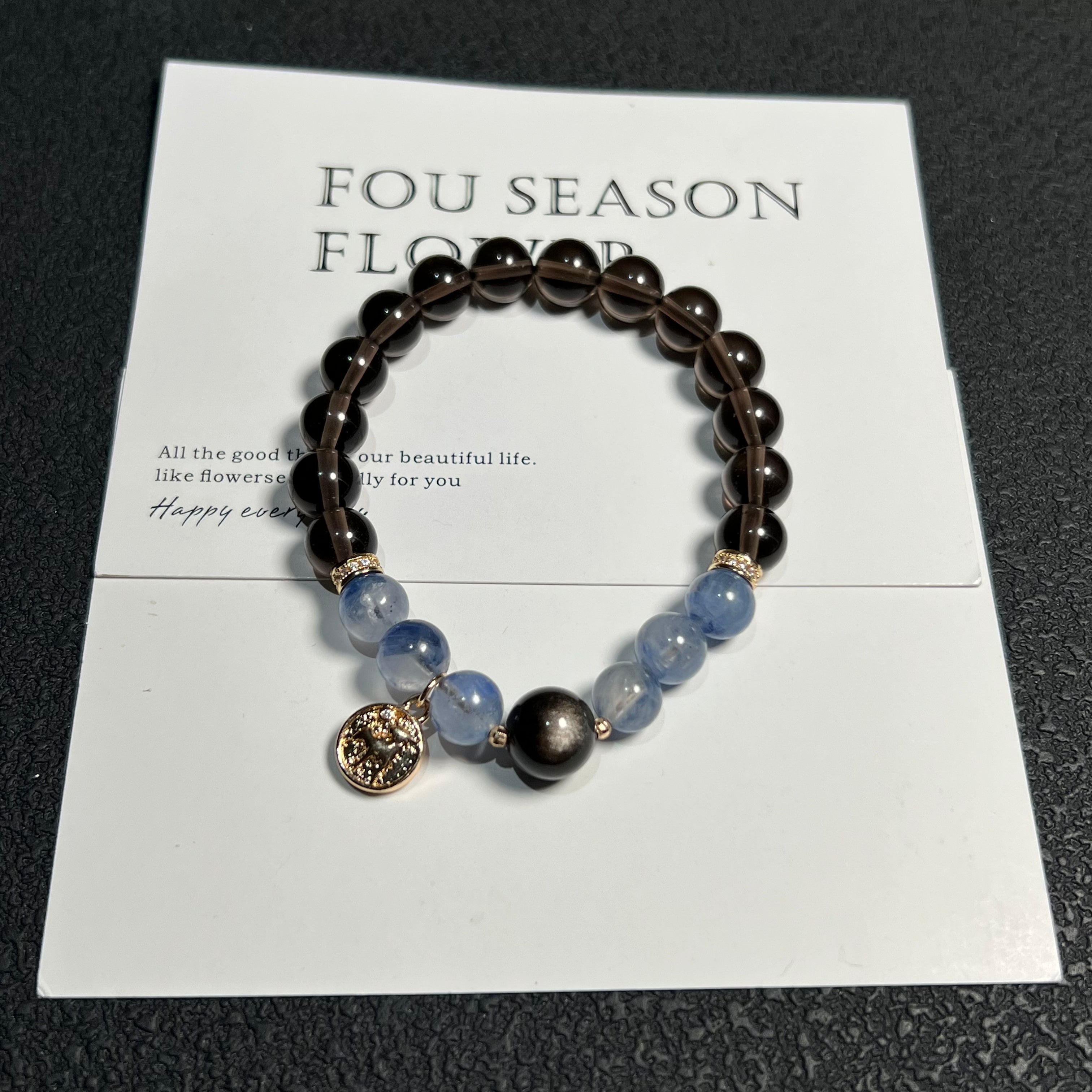 Black Crystal Beaded Bracelet with Gold Charm