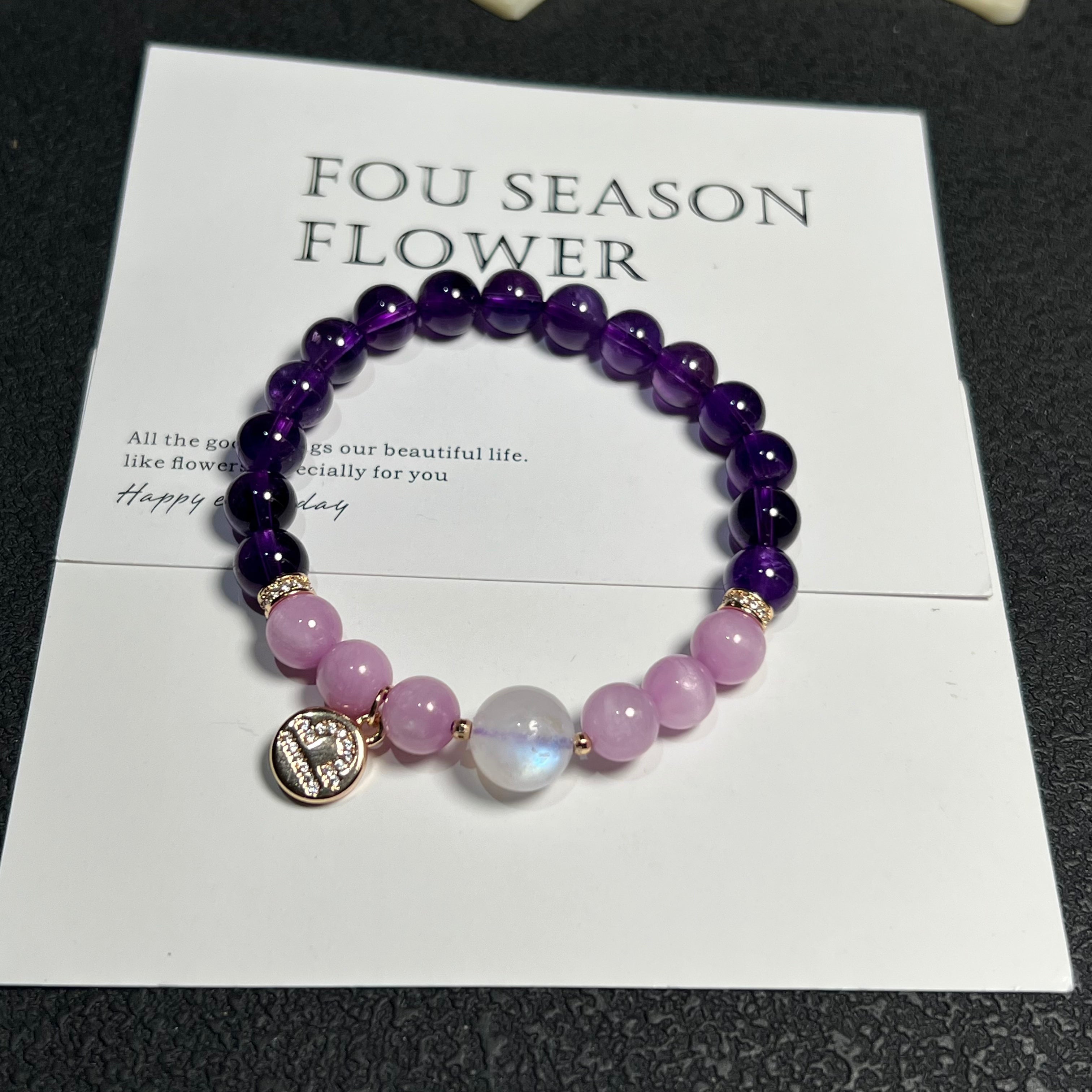 Purple Crystal Beaded Bracelet with Gold Charm