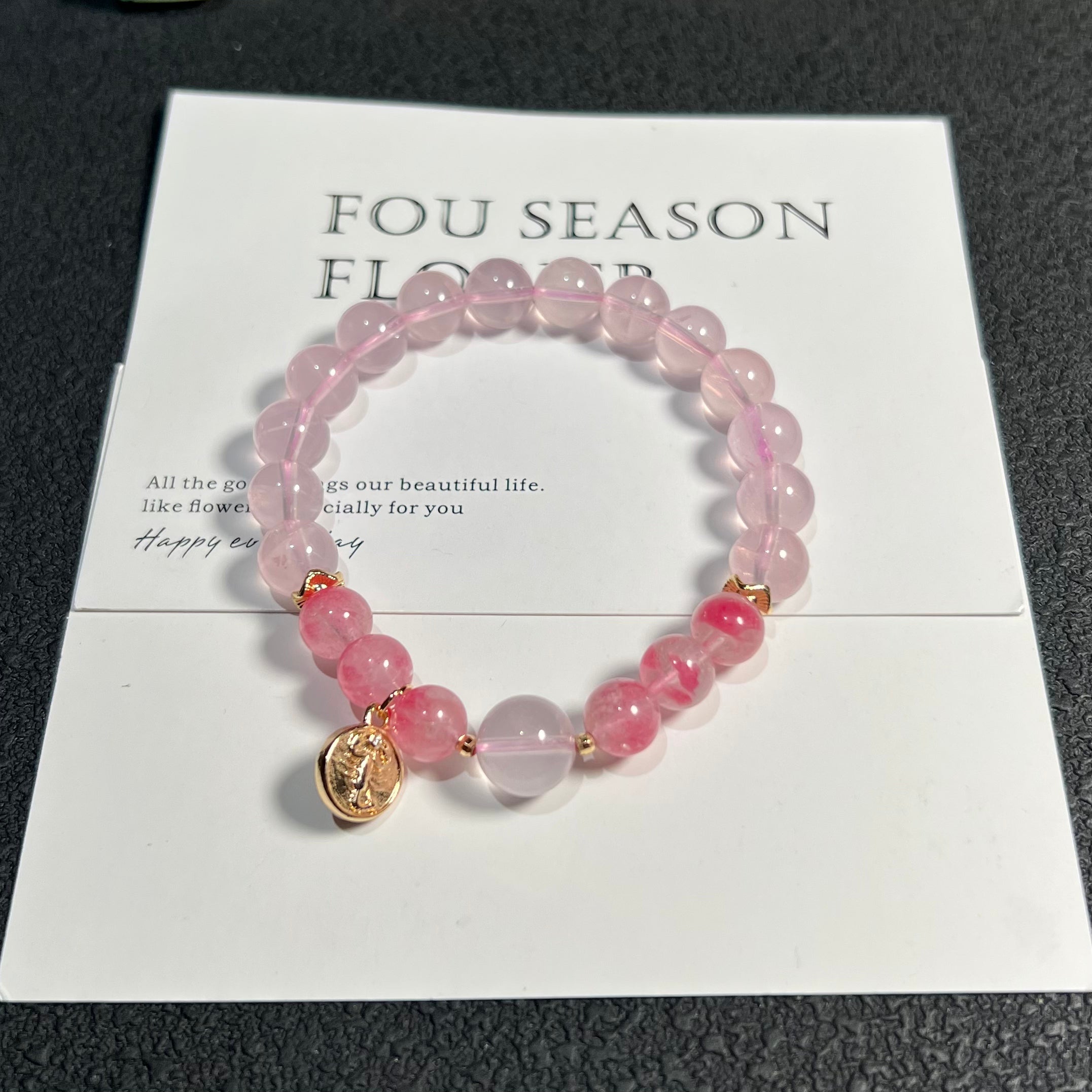 Pink Crystal Beaded Bracelet with Gold Charm