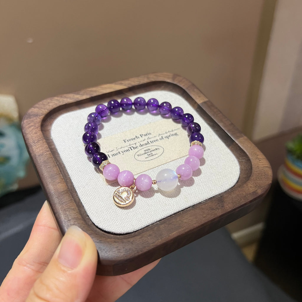 Purple Crystal Beaded Bracelet with Gold Charm