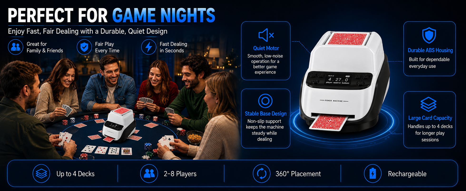 Automatic card dealer and card shuffler machine for game nights, family card games, and poker nights with quiet motor, large card capacity, stable base, 2–8 player support, and rechargeable design