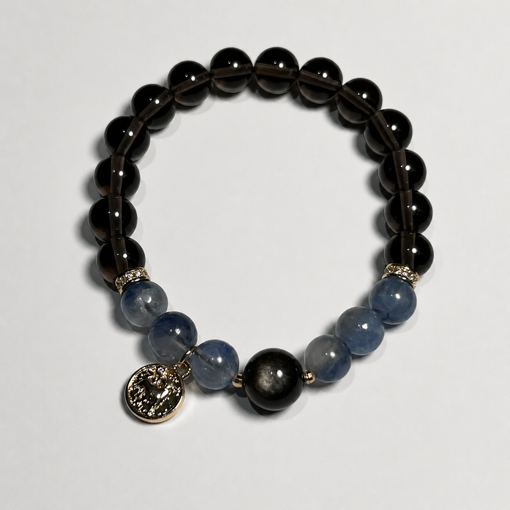 Black Crystal Beaded Bracelet with Gold Charm