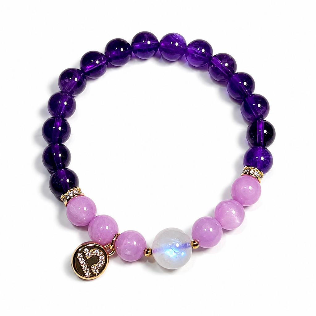 Purple Crystal Beaded Bracelet with Gold Charm