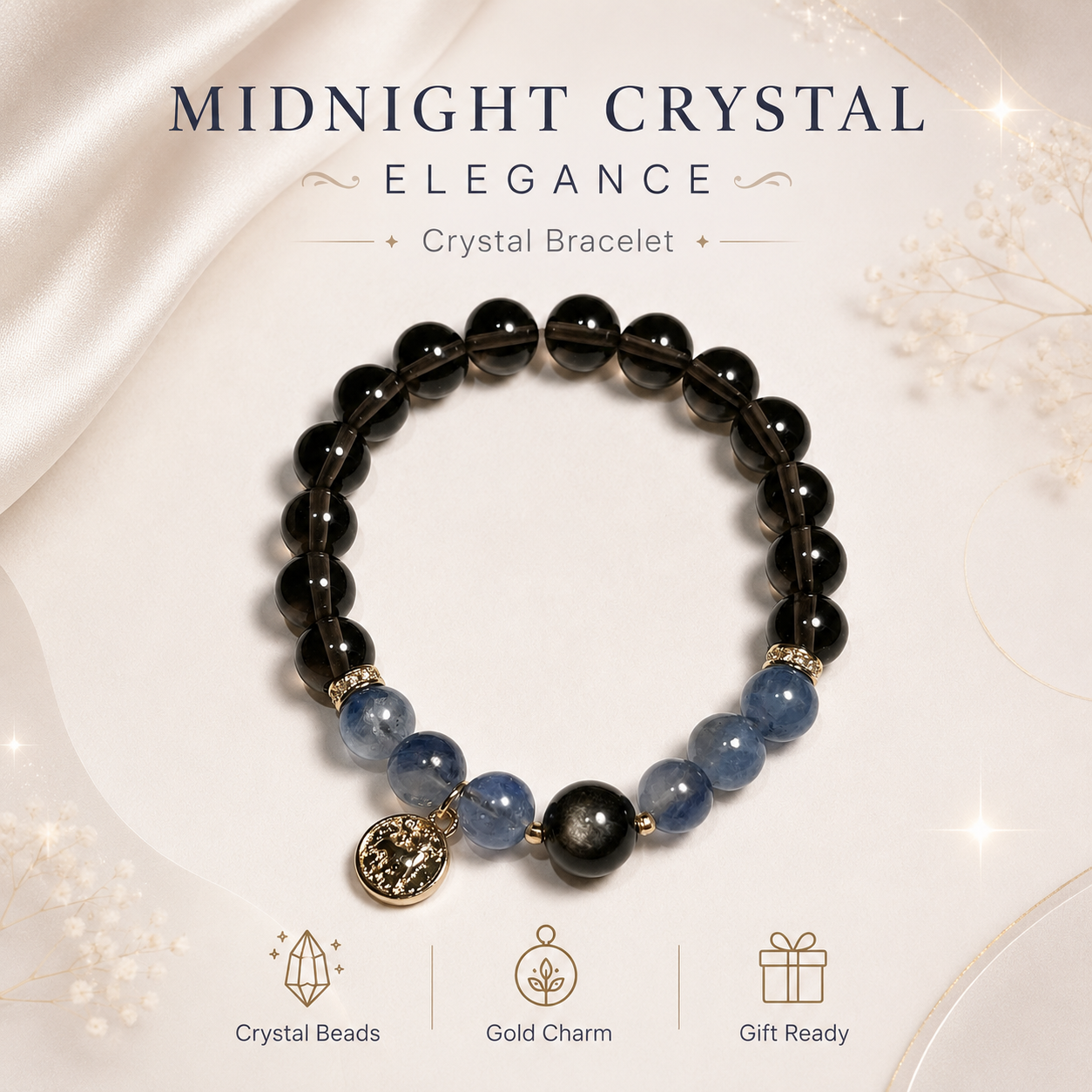 Black Crystal Beaded Bracelet with Gold Charm
