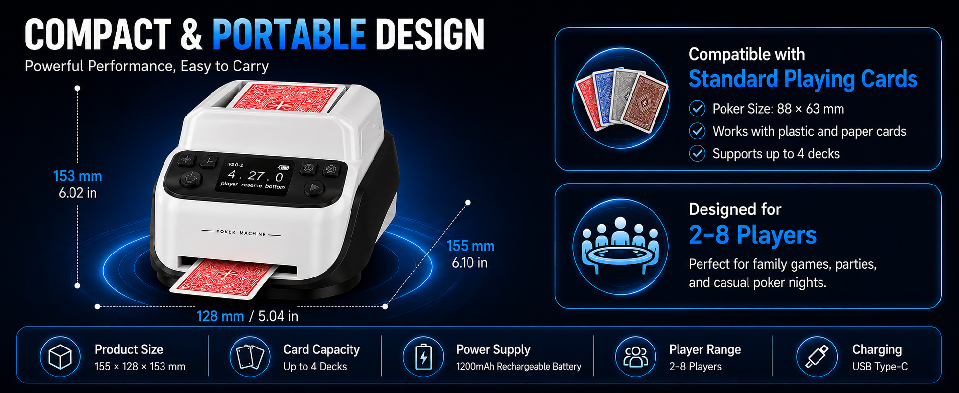 Compact automatic card dealer and portable card shuffler machine with standard playing card compatibility, 2–8 player settings, up to 4 decks capacity, rechargeable battery, and USB Type-C charging