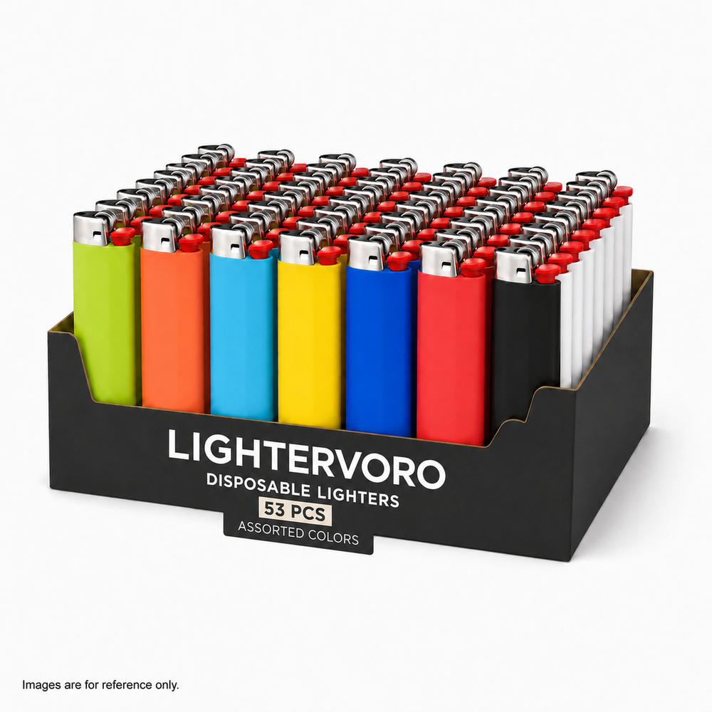 LIGHTERVORO J6 disposable lighters 50-pack display box with 3 bonus pieces