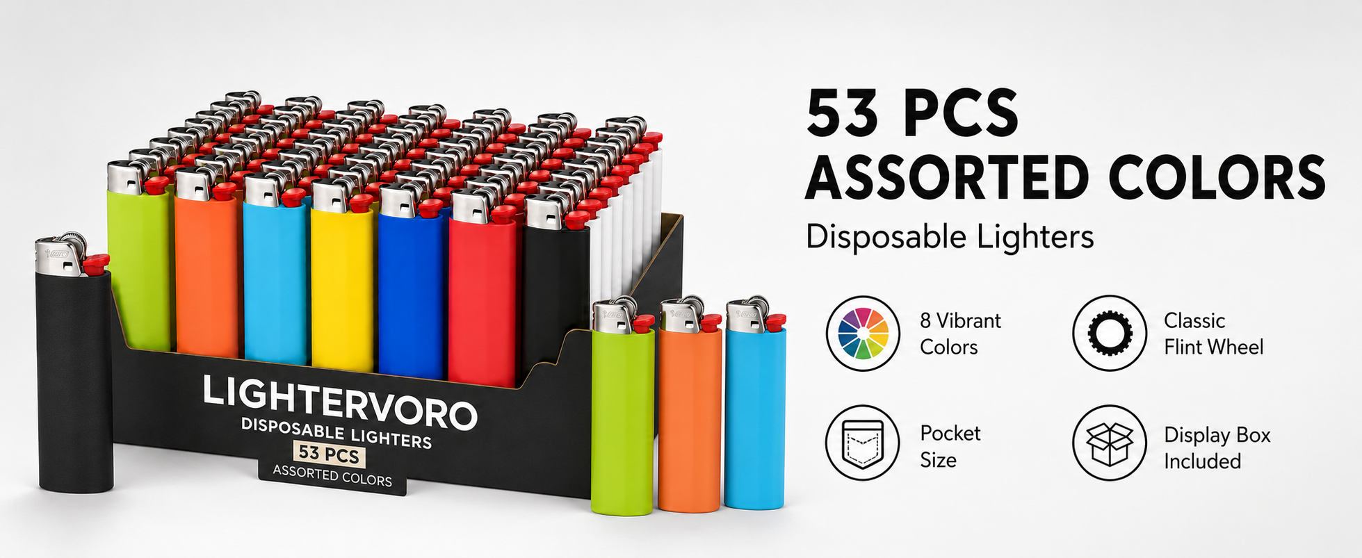 LIGHTERVORO J6 disposable lighters 53-piece display box with assorted colors and classic flint wheel