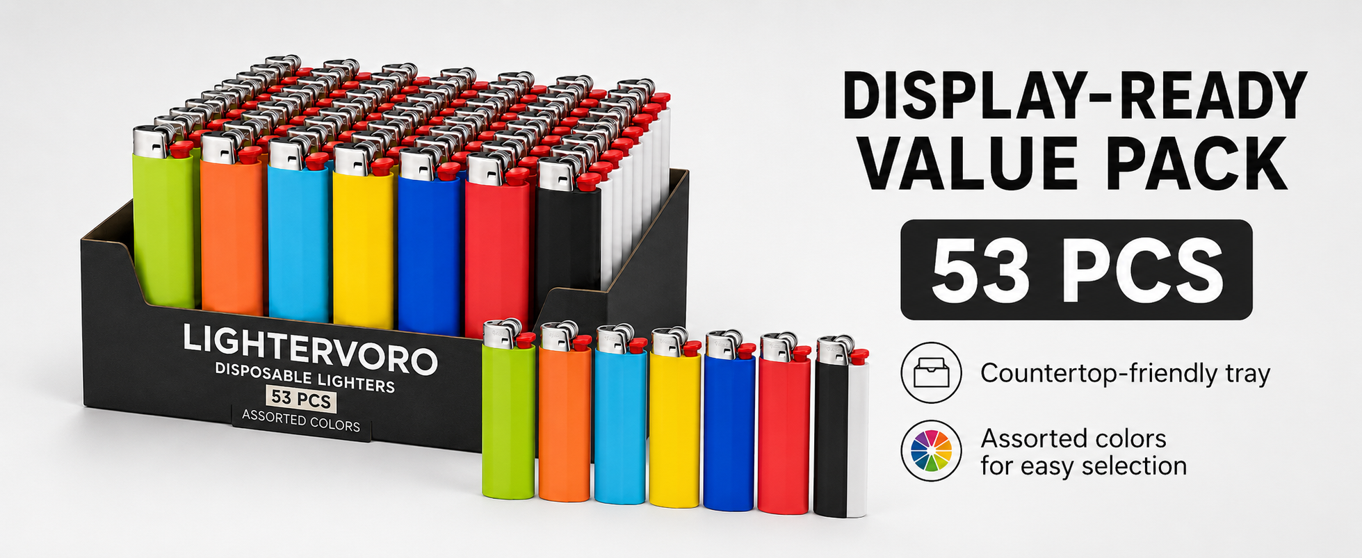 LIGHTERVORO J6 disposable lighters display-ready value pack with 53 pieces and assorted color retail tray