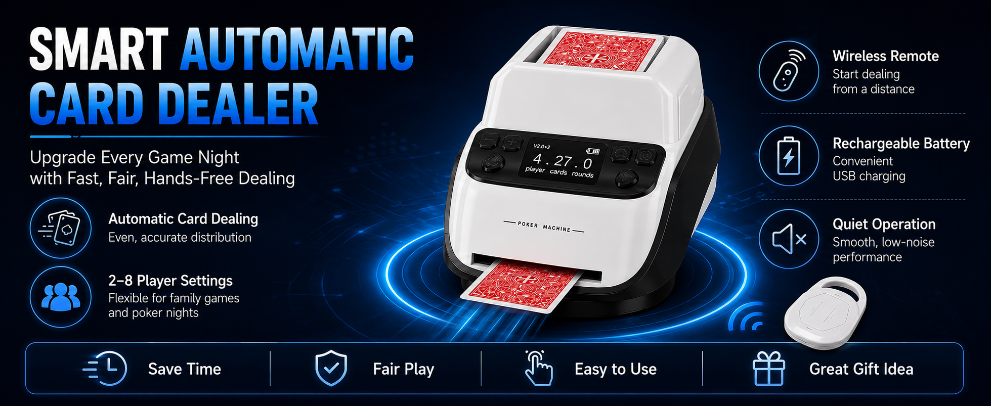 Smart automatic card dealer and automatic card shuffler with wireless remote, rechargeable battery, quiet operation, 2–8 player settings, and hands-free dealing for poker game night and family card games