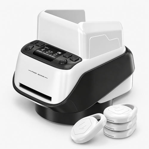 Smart automatic card shuffler and dealer machine with card tray, dealing slot, and poker chips on a white background